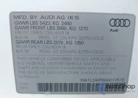 2016 Audi Q5 2.0T Premium z USA, uszkodzony, nr VIN WA1L2AFP6GA017515